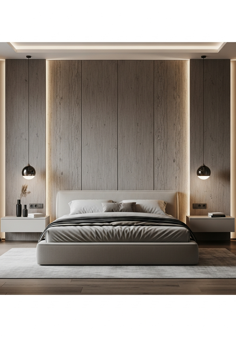 Dormitorio con muro recubierto Rangu